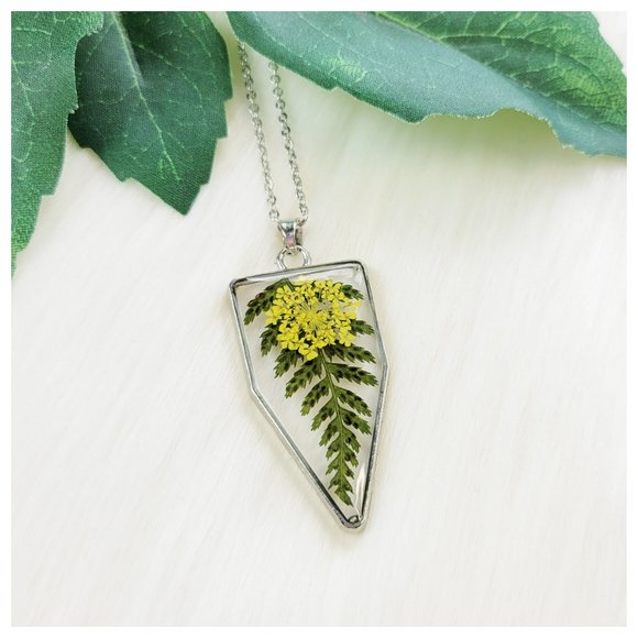 Floral Pendant Necklace Pressed Dried Flowers and Leaves Yellow and Green Floral - Picture 9 of 9